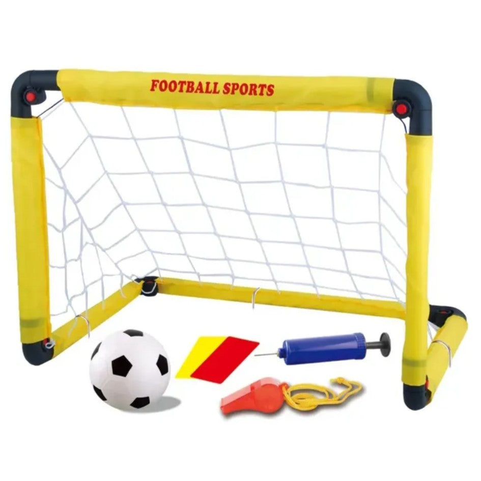 Set Poarta de Fotbal pentru Copii, Kit Sportiv cu Minge, Pompa, Cartonașe de Joc și Fluier, Material Rezistent, 45x60 cm, Galben