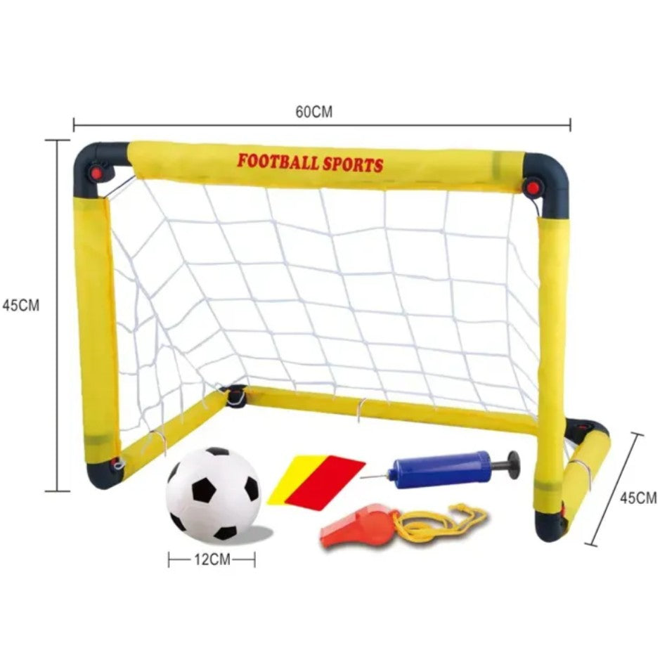 Set Poarta de Fotbal pentru Copii, Kit Sportiv cu Minge, Pompa, Cartonașe de Joc și Fluier, Material Rezistent, 45x60 cm, Galben