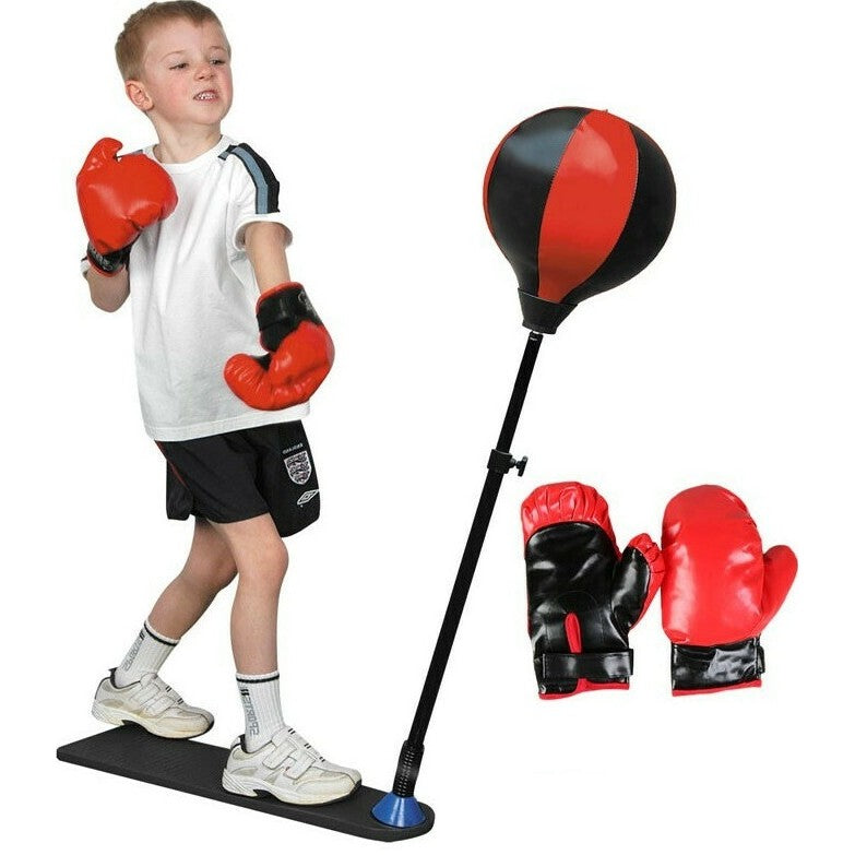 Set Box Interactiv pentru Copii, Para de Box cu Inaltime Reglabila, Include Manusi si Stand Stabil, Plastic Rezistent, Varsta +3 Ani, 120 x 25 x 52.5 cm, Rosu/Negru