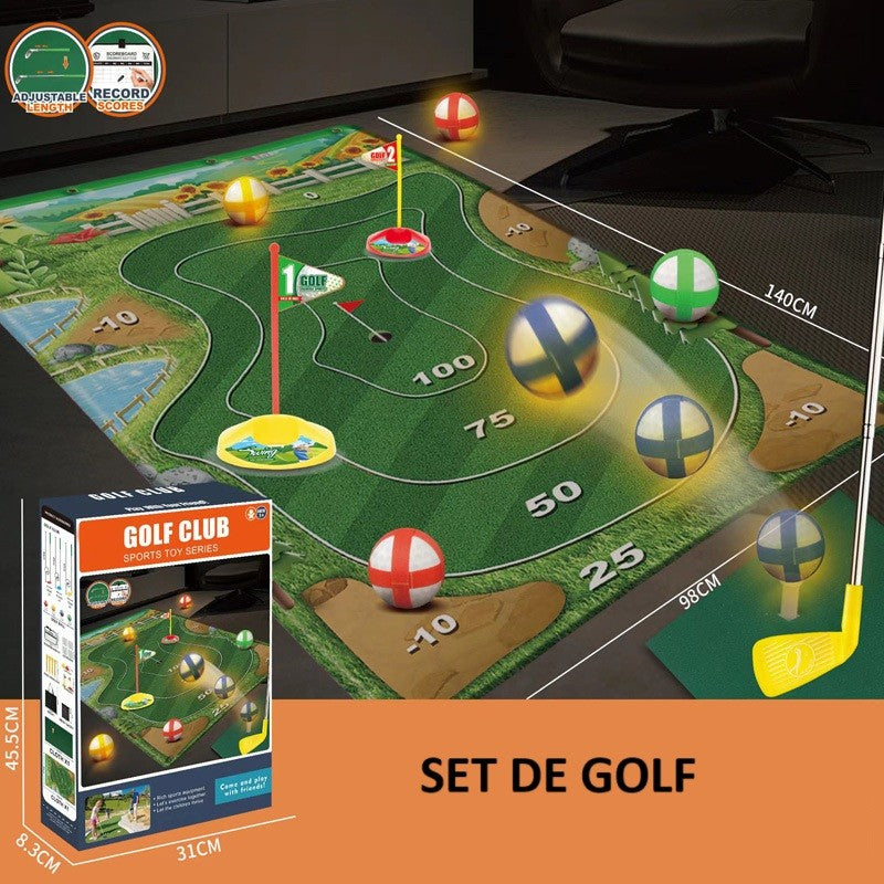 Set de Golf pentru Copii, Joc Interactiv Parinte-Copil cu Covor de Joc si 3 Crose Reglabile, 4 Mingi cu Scai, Accesorii Fixare, Textil si ABS, 140 x 98 cm, +3 Ani, Multicolor