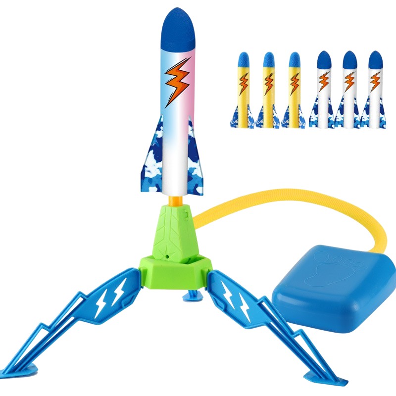 Lansator de Rachete pentru Copii, Joc de Exterior cu Actionare prin Pedala, Jucarie Interactiva de Gradina, Plastic si Spuma, 6 Rachete Incluse, Multicolor