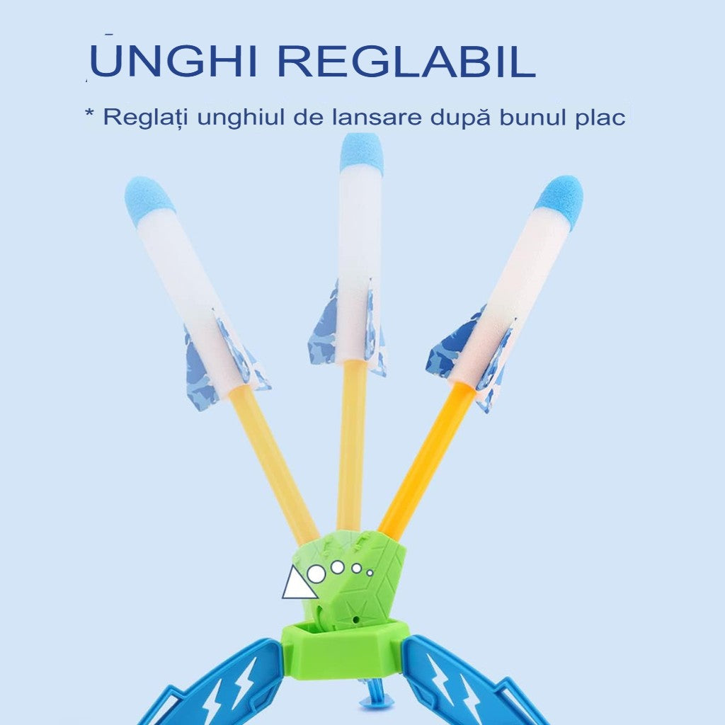 Lansator de Rachete pentru Copii, Joc de Exterior cu Actionare prin Pedala, Jucarie Interactiva de Gradina, Plastic si Spuma, 6 Rachete Incluse, Multicolor