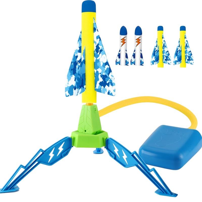 Jucarie Lansator de Rachete cu Pedala Pneumatica pentru Exterior, Set Interactiv din Burete, 4 Rachete Incluse, Inaltime 40.5 cm, Multicolor