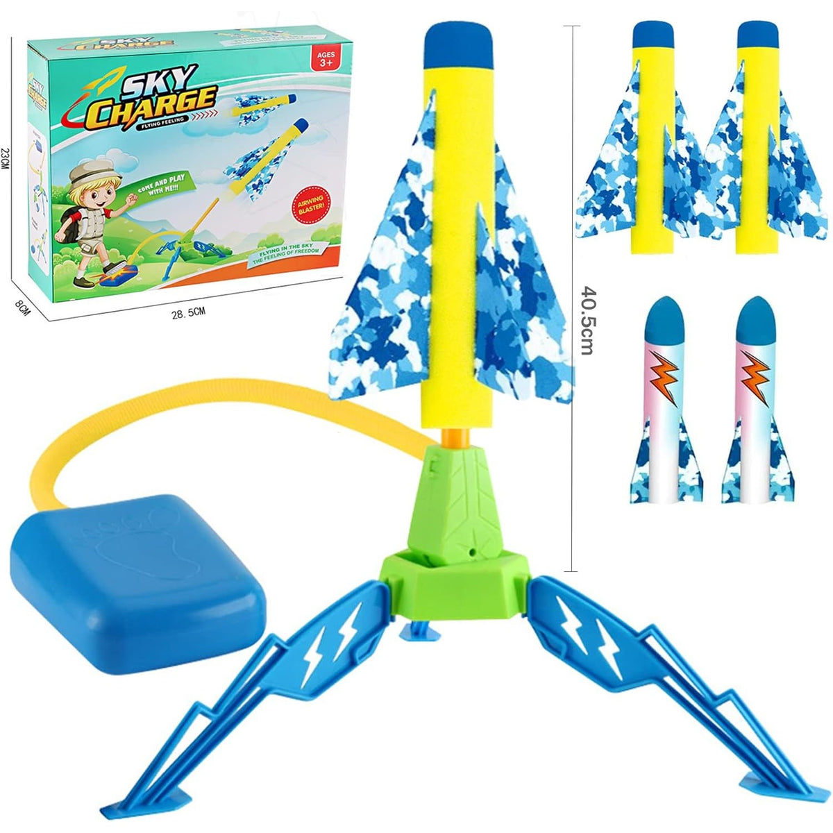 Jucarie Lansator de Rachete cu Pedala Pneumatica pentru Exterior, Set Interactiv din Burete, 4 Rachete Incluse, Inaltime 40.5 cm, Multicolor