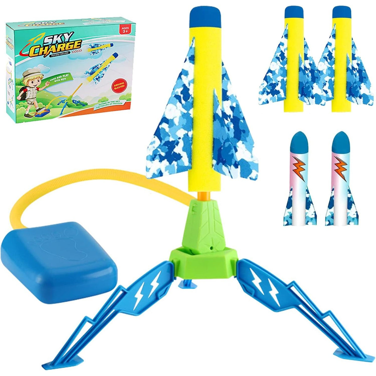 Jucarie Lansator de Rachete cu Pedala Pneumatica pentru Exterior, Set Interactiv din Burete, 4 Rachete Incluse, Inaltime 40.5 cm, Multicolor
