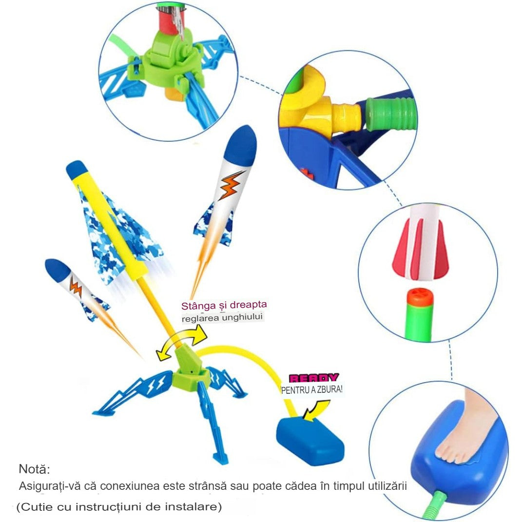Jucarie Lansator de Rachete cu Pedala Pneumatica pentru Exterior, Set Interactiv din Burete, 4 Rachete Incluse, Inaltime 40.5 cm, Multicolor