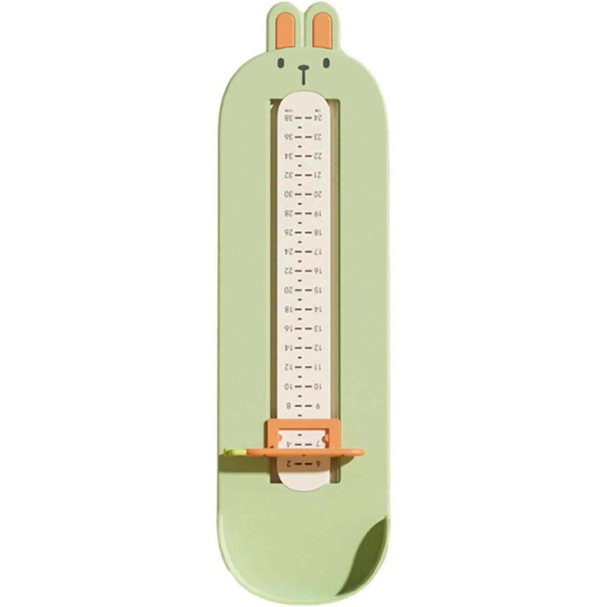 Dispozitiv de Masurat Talpa Piciorului pentru Bebelusi si Copii, Rigla Masurare Incaltaminte cu Deflector Glisant, Material Plastic ABS, Model Iepuras, 32 x 9 cm, Verde