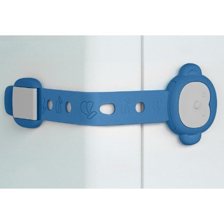 Siguranta Usi si Sertare Copii, Blocare Dulap si Frigider, Curea Flexibila Reglabila, Fixare Autoadeziva, Plastic Ecologic, Model Maimutica, Albastru, 21.5 x 6 cm