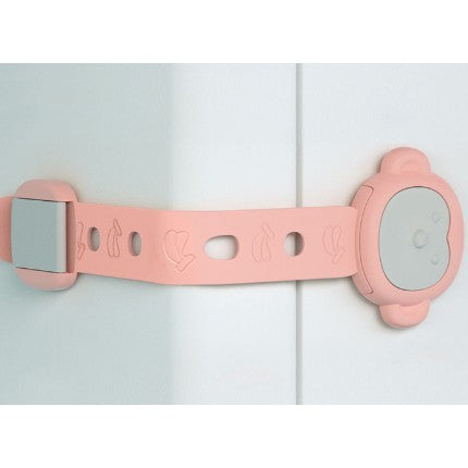 Siguranta pentru Usi si Sertare Copii, Blocare Dulap si Frigider, Curea Flexibila Ajustabila, Autoadeziv, Model Maimutica, Plastic, 21.5 x 6 cm, Roz