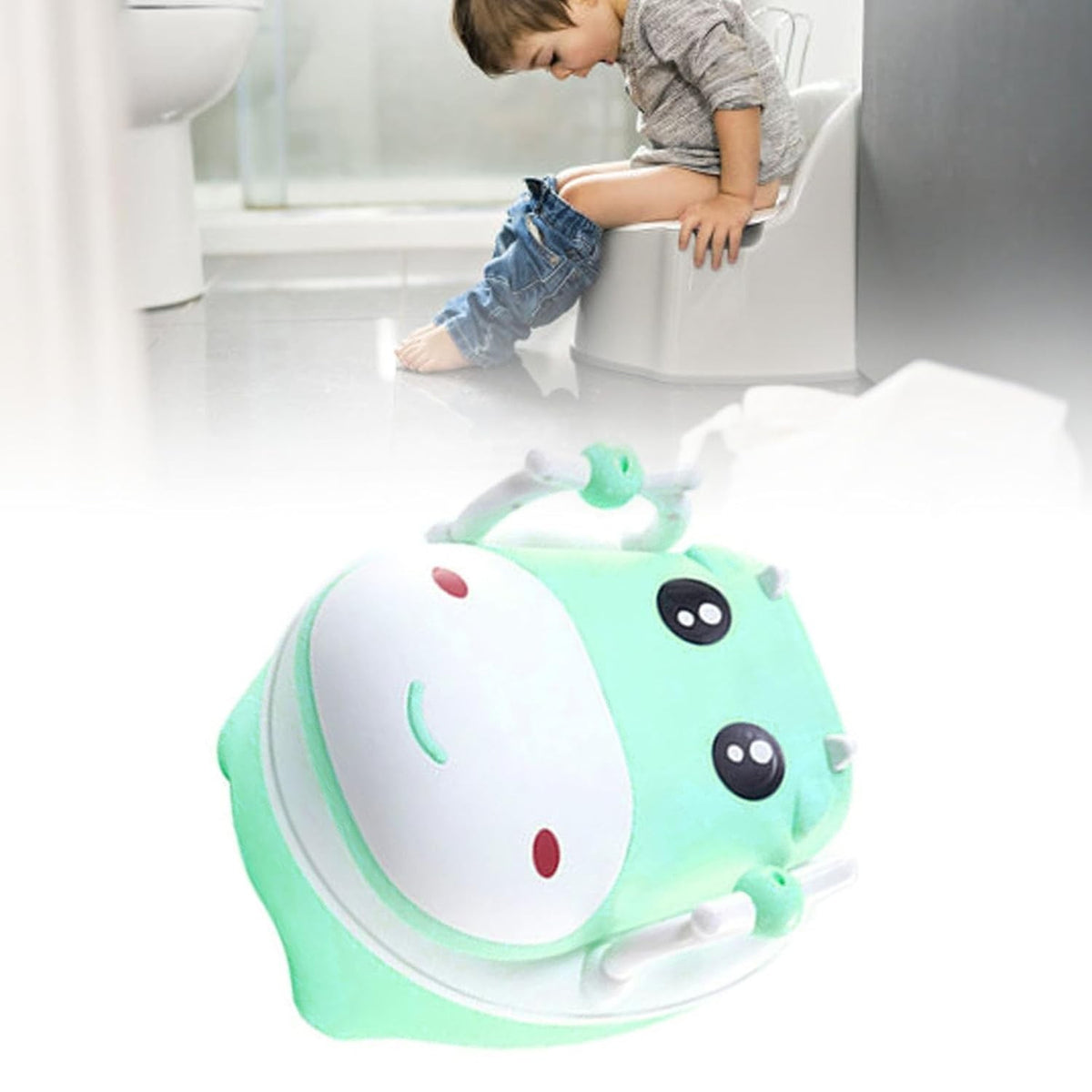 Olita pentru Copii, Design Vacuta cu Manere si Capac PU Moale, Compartiment Detasabil, Anti-Alunecare, Include Perie Curatare, Plastic Non-Toxic, Verde
