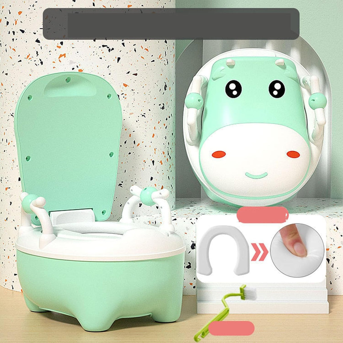 Olita pentru Copii, Design Vacuta cu Manere si Capac PU Moale, Compartiment Detasabil, Anti-Alunecare, Include Perie Curatare, Plastic Non-Toxic, Verde