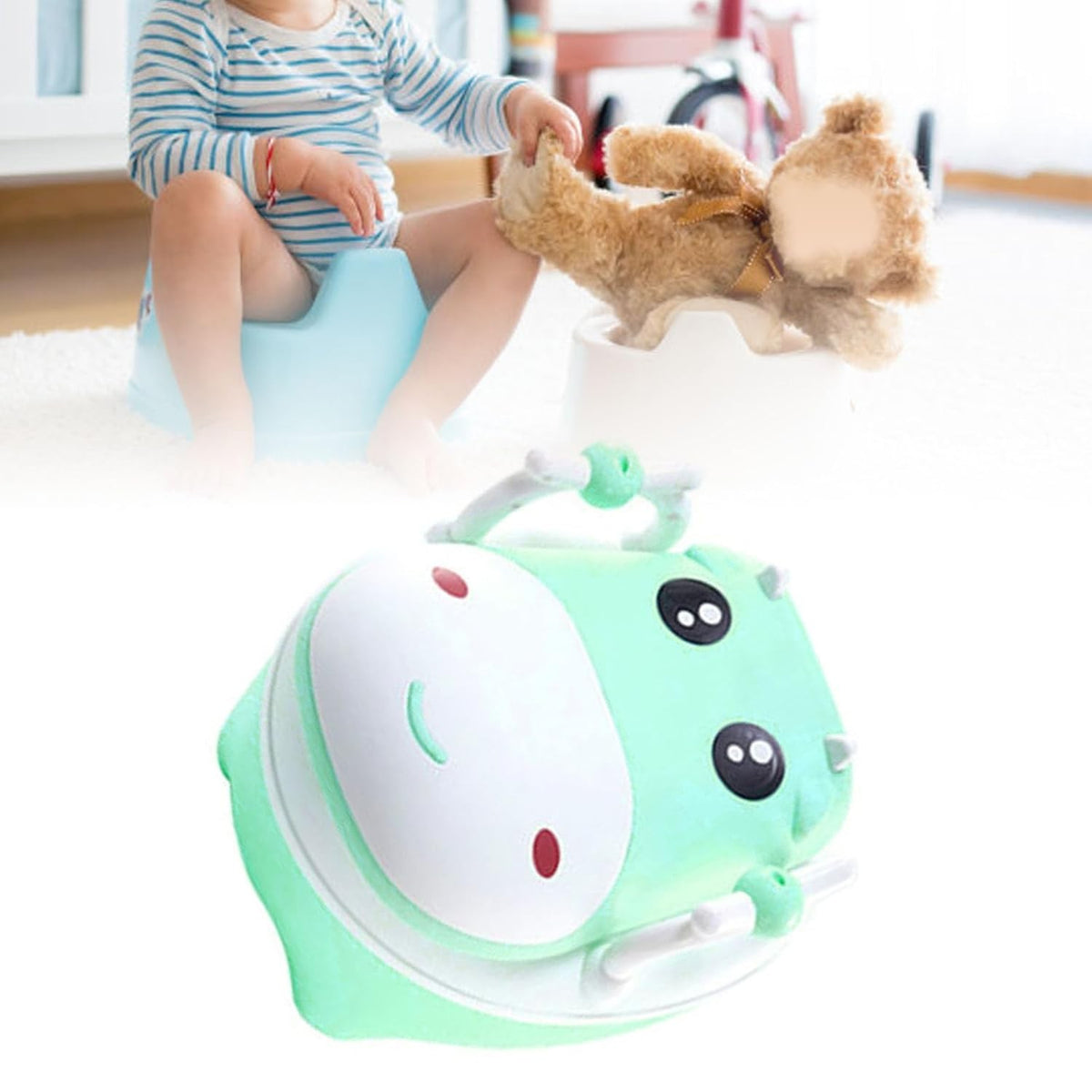 Olita pentru Copii, Design Vacuta cu Manere si Capac PU Moale, Compartiment Detasabil, Anti-Alunecare, Include Perie Curatare, Plastic Non-Toxic, Verde