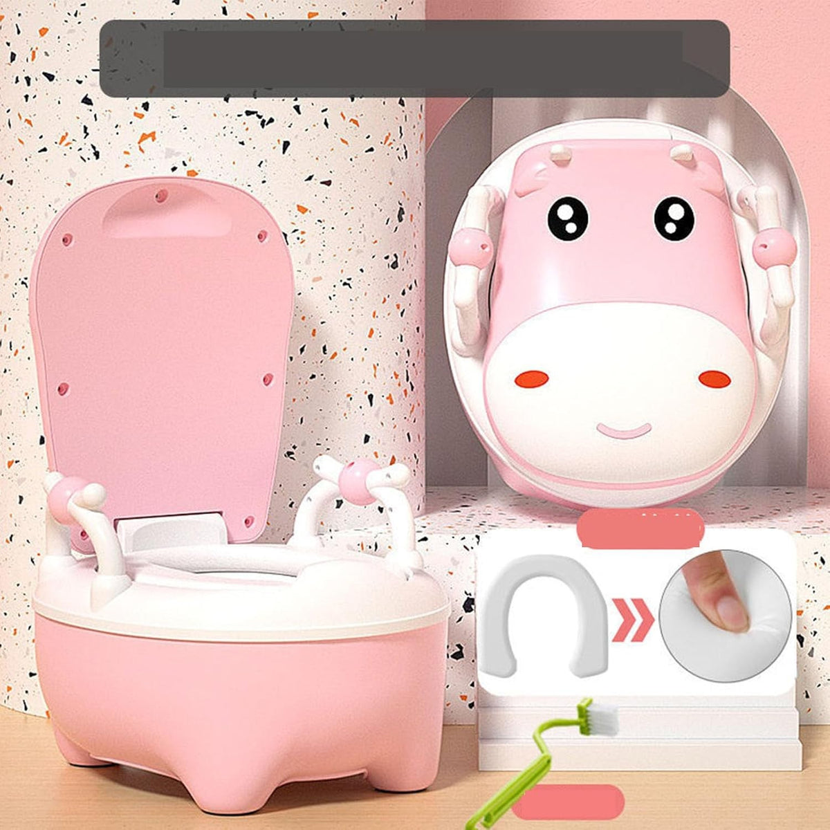 Olita pentru Copii, Design Vacuta cu Manere si Spatar, Sezut Moale PU, Compartiment Detasabil, Plastic Non-Toxic, Include Perie de Curatat, +1 An, Roz
