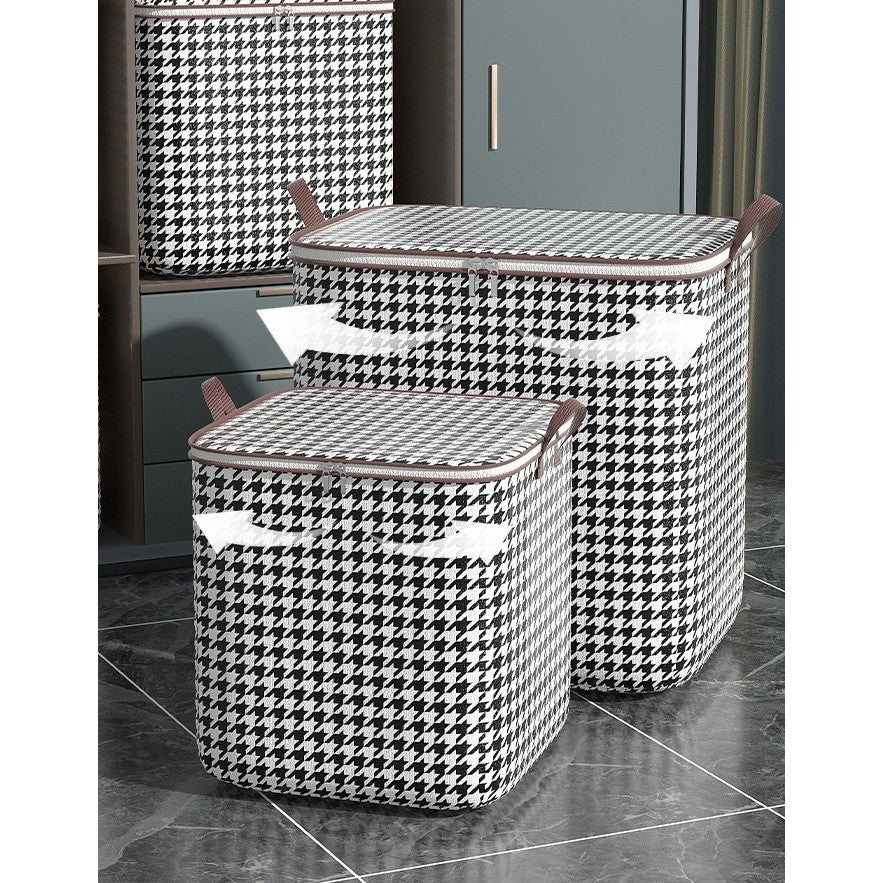Cutie Depozitare Haine si Lenjerie, Organizator Pliabil cu Fermoar si Maner Ranforsat, Material Textil Rezistent, Model Carouri, 140 Litri, 56x45x56 cm, Alb-Negru