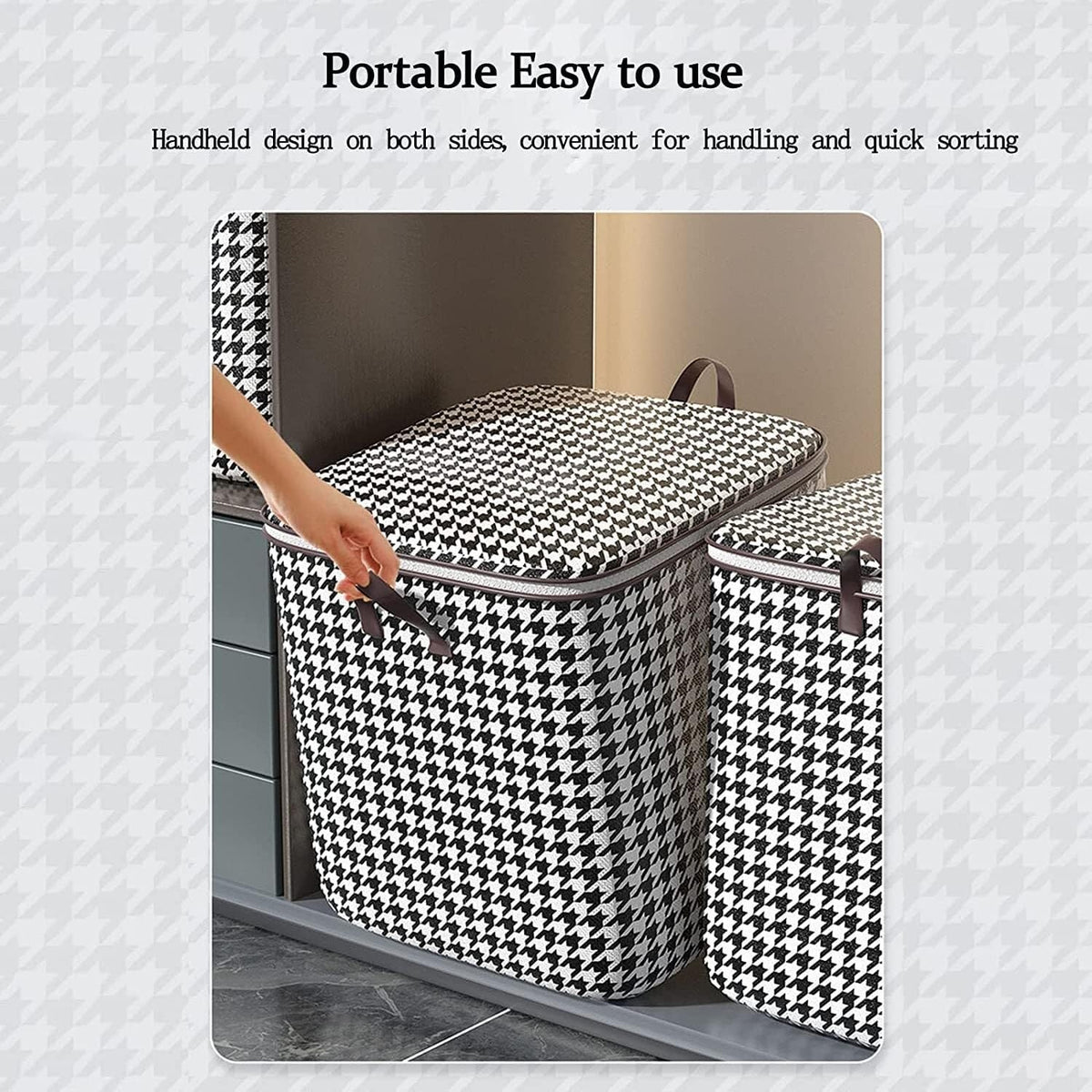 Cutie Depozitare Haine si Lenjerii, Organizator Pliabil cu Fermoar si Maner Ranforsat, Material Textil Rezistent, Model Carouri Alb-Negru, 100 Litri, 40x50x50 cm