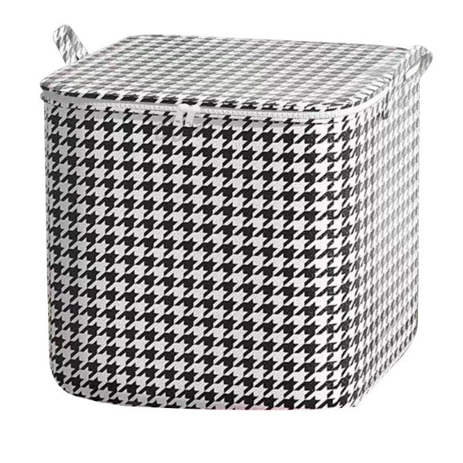 Cutie Depozitare Haine cu Fermoar, Organizator Pliabil pentru Paturi si Lenjerie, Maner Ranforsat, Material Textil Rezistent, 80 Litri, Model in Carouri Alb-Negru