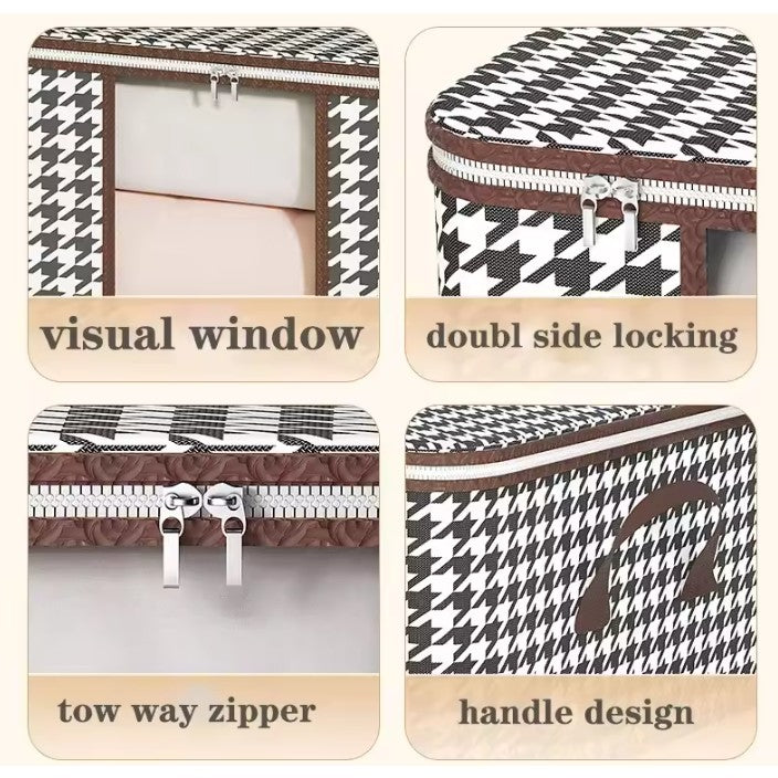 Cutie de Depozitare Pliabila pentru Haine si Jucarii, Fereastra Transparenta si Fermoar Bidirectional, Material Textil cu Suport Stabil, 75 L, 60x40x30 cm, Alb/Negru Carouri