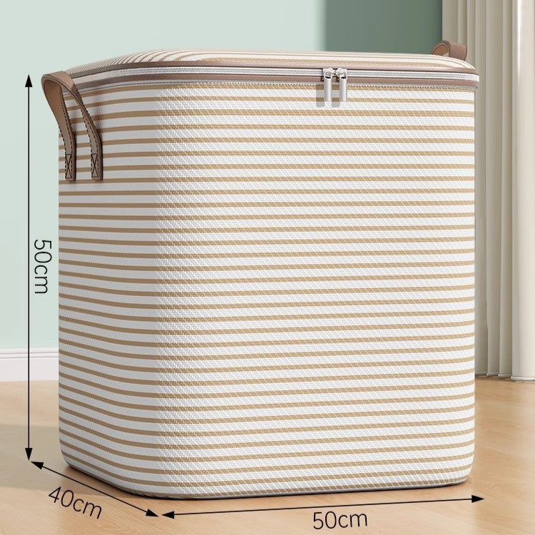 Cutie Depozitare Haine si Paturi, Organizator Pliabil cu Fermoar Rezistent si Maner Ranforsat, Material Textil, 100 Litri, 50x40x50 cm, Bej cu Dungi