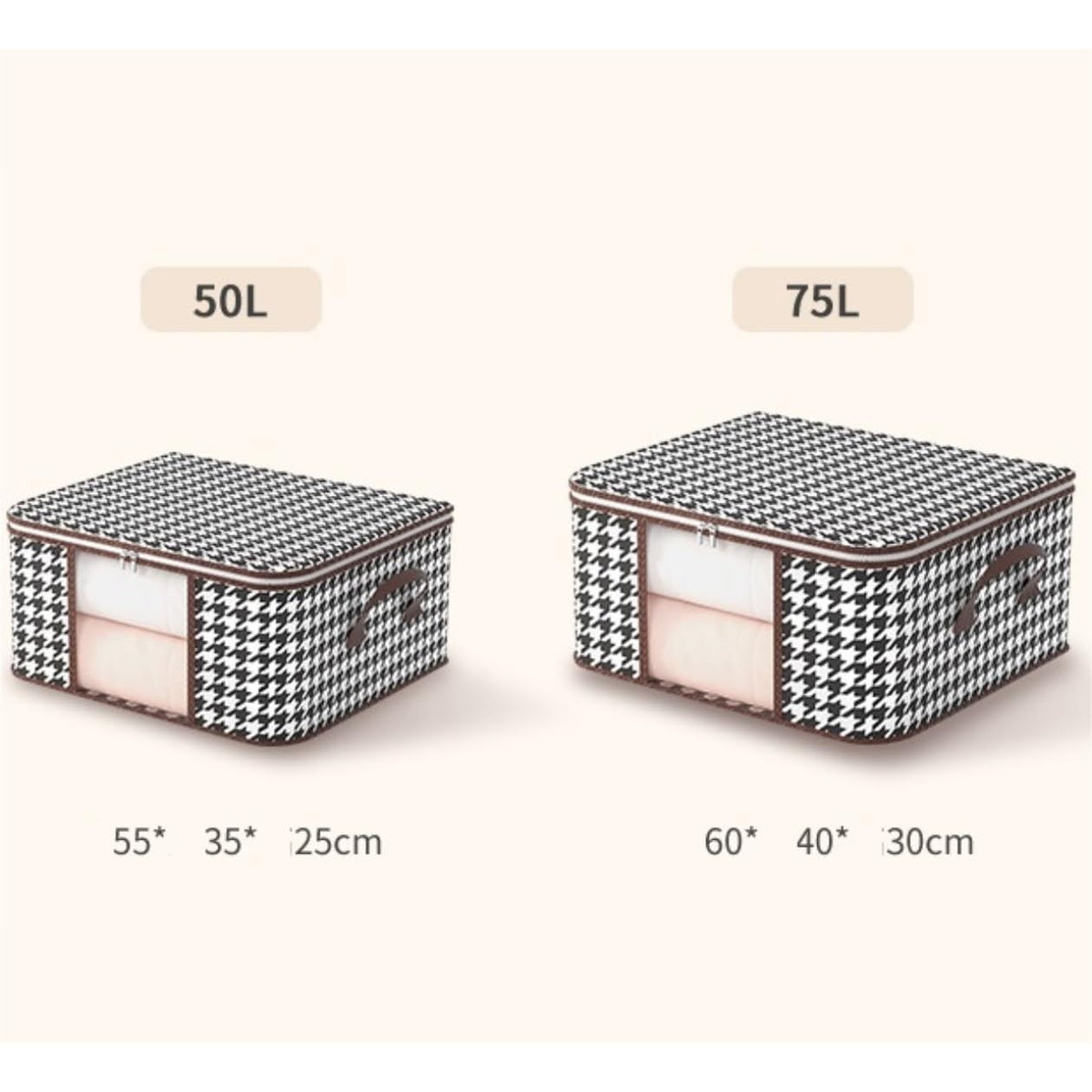 Cutie Depozitare Pliabila, Organizator Haine si Jucarii, Fereastra Transparenta si Fermoar Bidirectional, Material Textil Rezistent, Imprimeu Carouri, 50 L, 55x35x25 cm