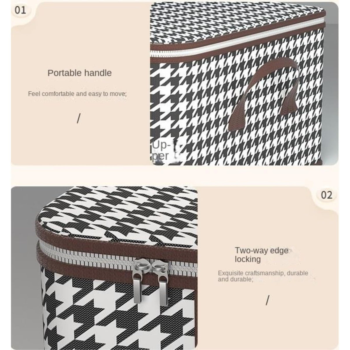 Cutie Depozitare Pliabila, Organizator Haine si Jucarii, Fereastra Transparenta si Fermoar Bidirectional, Material Textil Rezistent, Imprimeu Carouri, 50 L, 55x35x25 cm