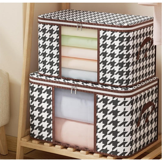Cutie Depozitare Pliabila, Organizator Haine si Jucarii, Fereastra Transparenta si Fermoar Bidirectional, Material Textil Rezistent, Imprimeu Carouri, 50 L, 55x35x25 cm