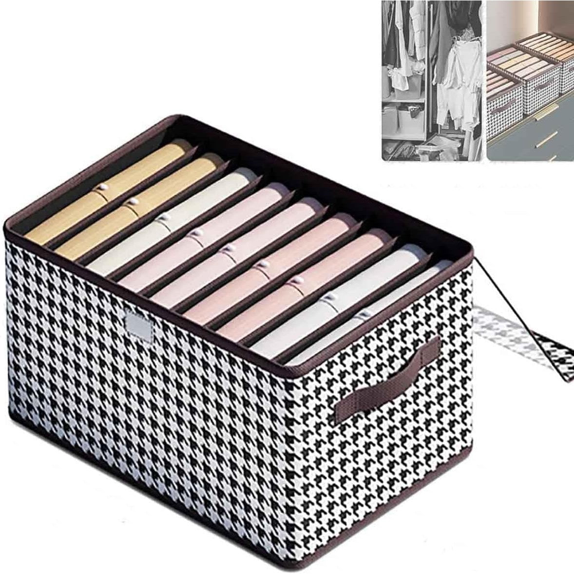 Organizator Depozitare Haine Si Lenjerie, Cutie Compartimentata Pentru Dulap, 9 Compartimente, Material Textil Rezistent, 44x30x20 cm, Alb-Negru