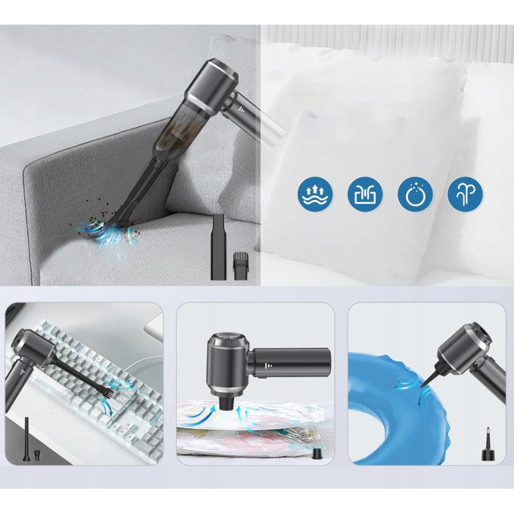 Aspirator Portabil Auto si de Casa, 3 Viteze de Aspirare si Suflare, Incarcare Rapida USB Tip-C, Acumulator 2000mAh, Include 7 Accesorii si Tub Prelungitor, 21x20x6.5 cm, Negru