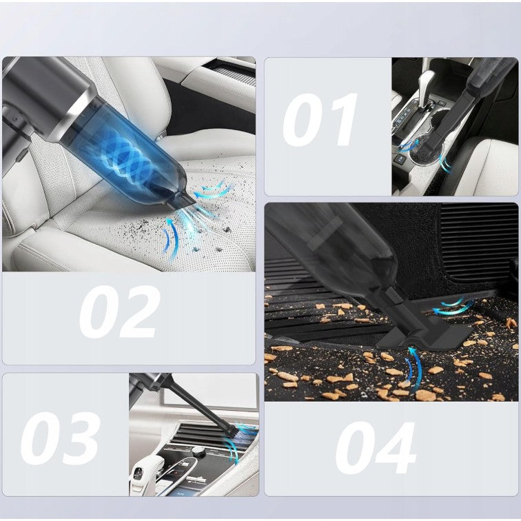 Aspirator Portabil Auto si de Casa, 3 Viteze de Aspirare si Suflare, Incarcare Rapida USB Tip-C, Acumulator 2000mAh, Include 7 Accesorii si Tub Prelungitor, 21x20x6.5 cm, Negru