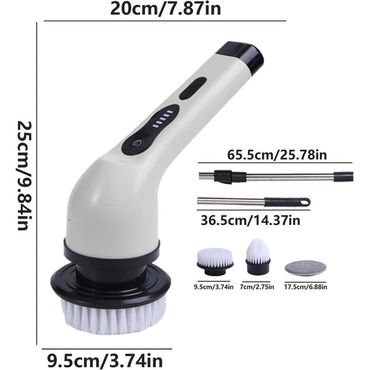 Perie Electrica de Curatare pentru Baie si Bucatarie, Maner Extensibil Detasabil 84-127 cm, Rotire 360 Grade, Acumulator 3000 mAh, Incarcare USB-C, 9 Capete Inlocuibile, Alb