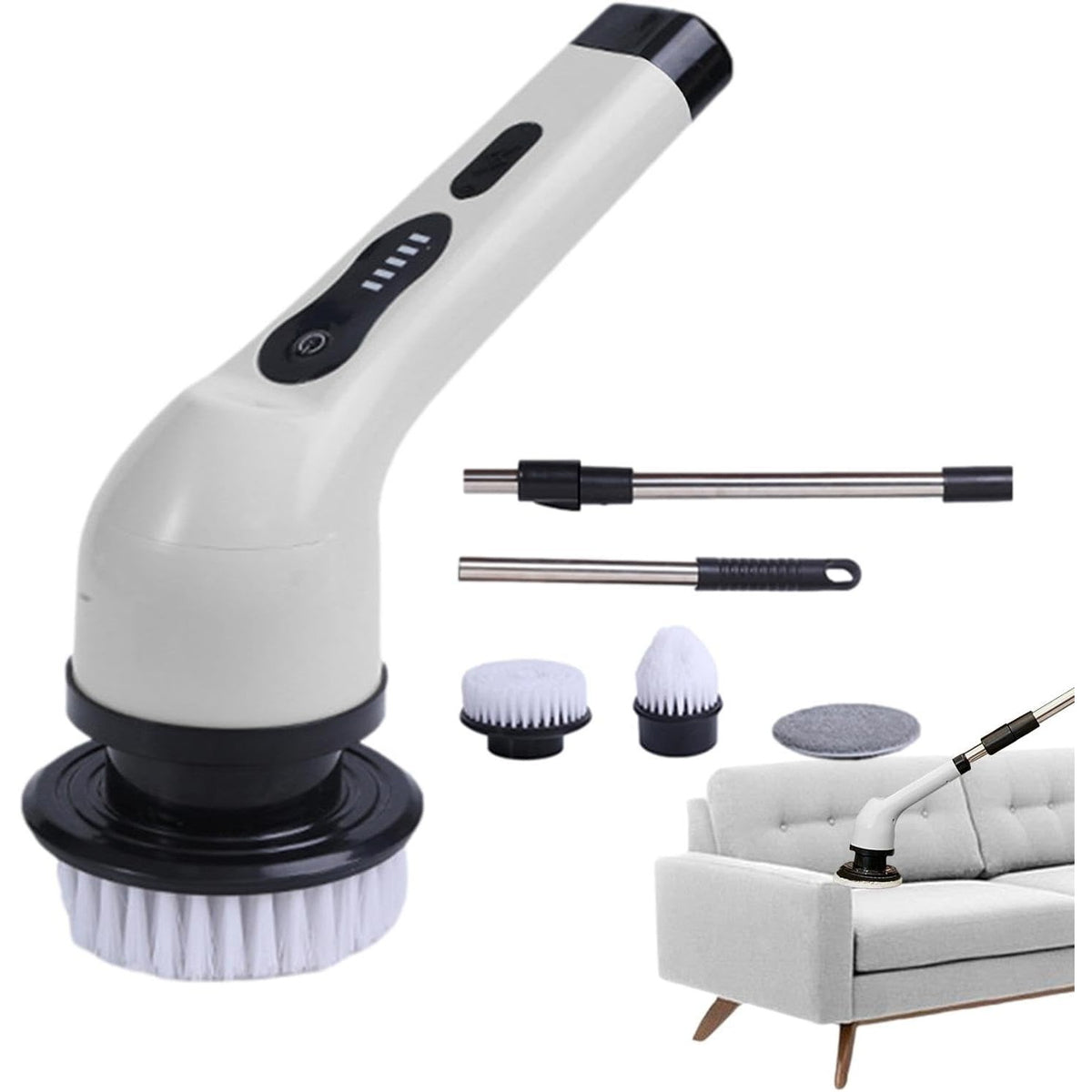 Perie Electrica de Curatare pentru Baie si Bucatarie, Maner Extensibil Telescopic 84-127 cm, Rotire 360 Grade, Acumulator 3000 mAh, Incarcare USB-C, 6 Capete Interschimbabile, Alb