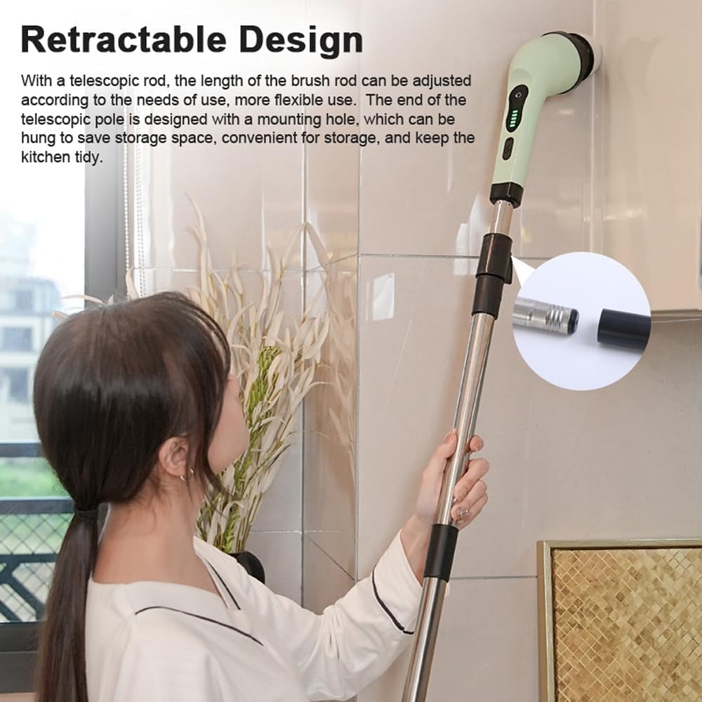 Perie Electrică de Curățare pentru Baie și Bucătărie, Mâner Telescopic 84-127 cm, Acumulator 3000 mAh, Încărcare USB-C, 9 Capete Interschimbabile, Rotire 360 Grade, Verde