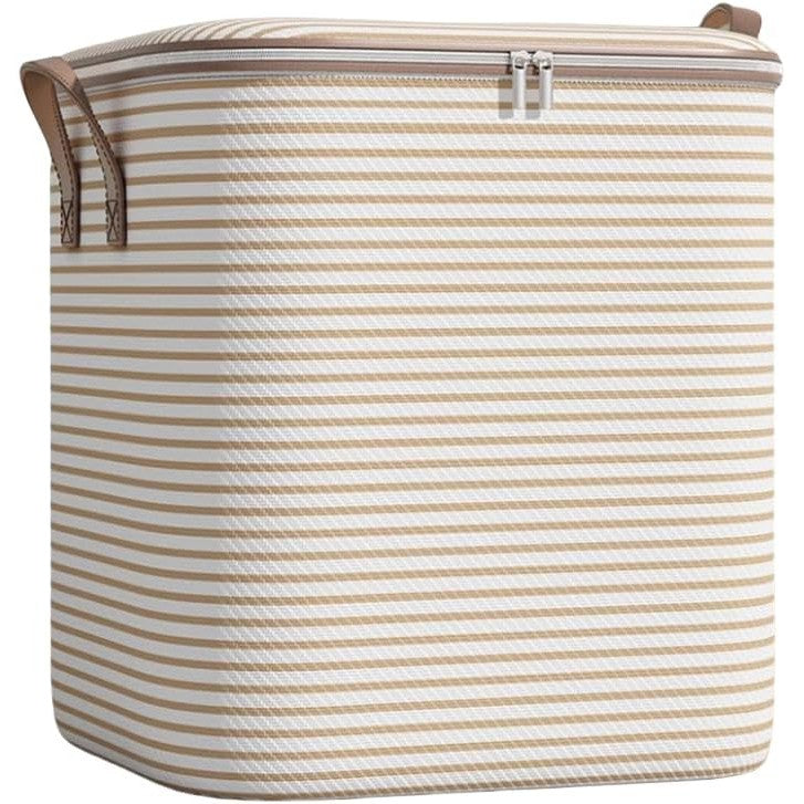Cutie Depozitare Haine si Lenjerie, Pliabila cu Fermoar si Maner Ranforsat, Organizator Textile, Material Textil, 180 Litri, 50x50x70 cm, Bej in Dungi