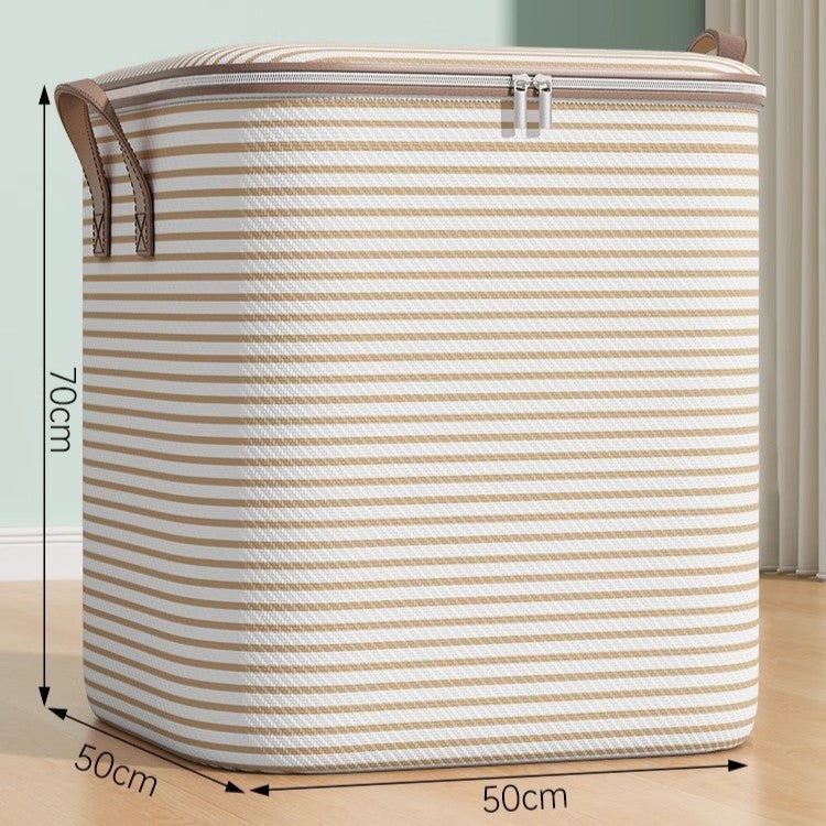 Cutie Depozitare Haine si Lenjerie, Pliabila cu Fermoar si Maner Ranforsat, Organizator Textile, Material Textil, 180 Litri, 50x50x70 cm, Bej in Dungi