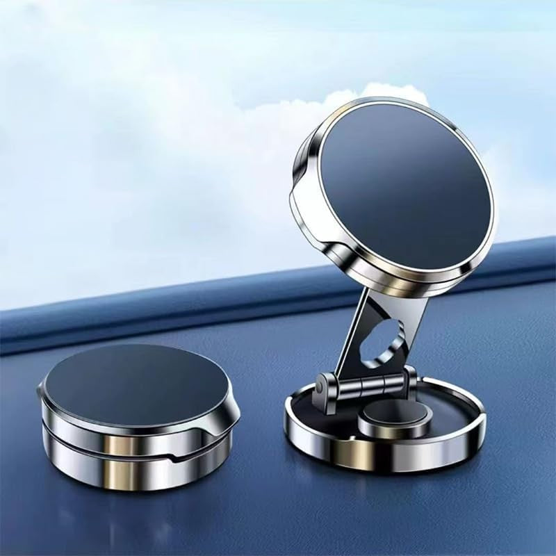 Suport Telefon Auto Magnetic, Pliabil cu Rotire 720 Grade, Fixare cu Adeziv pe Bord, Magnet Neodim si ABS, Diametru 4.4 cm, Universal, Argintiu
