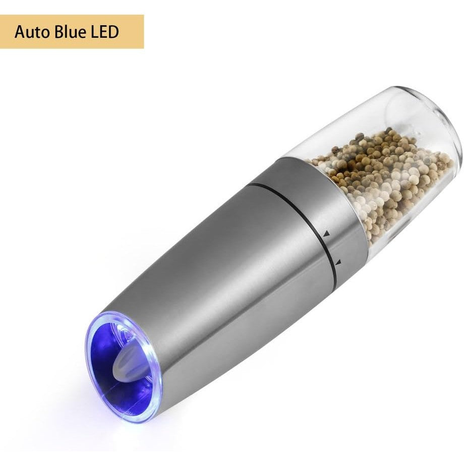 Set Râșnițe Electrice pentru Sare și Piper, Mecanism Măcinare Ajustabil, Funcționare pe Baterii cu Iluminare LED, Design Ergonomic din ABS și Acril, 20x6.5 cm, Argintiu/Transparent, 2 Bucăți