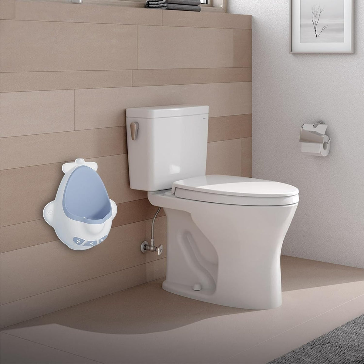 Pisoar pentru Baieti, Forma de Avion cu Morisca Rotativa, Antrenament Toaleta, Montare cu Ventuze sau Carlig, Plastic Ecologic, 29 x 33.5 cm, Albastru/Alb