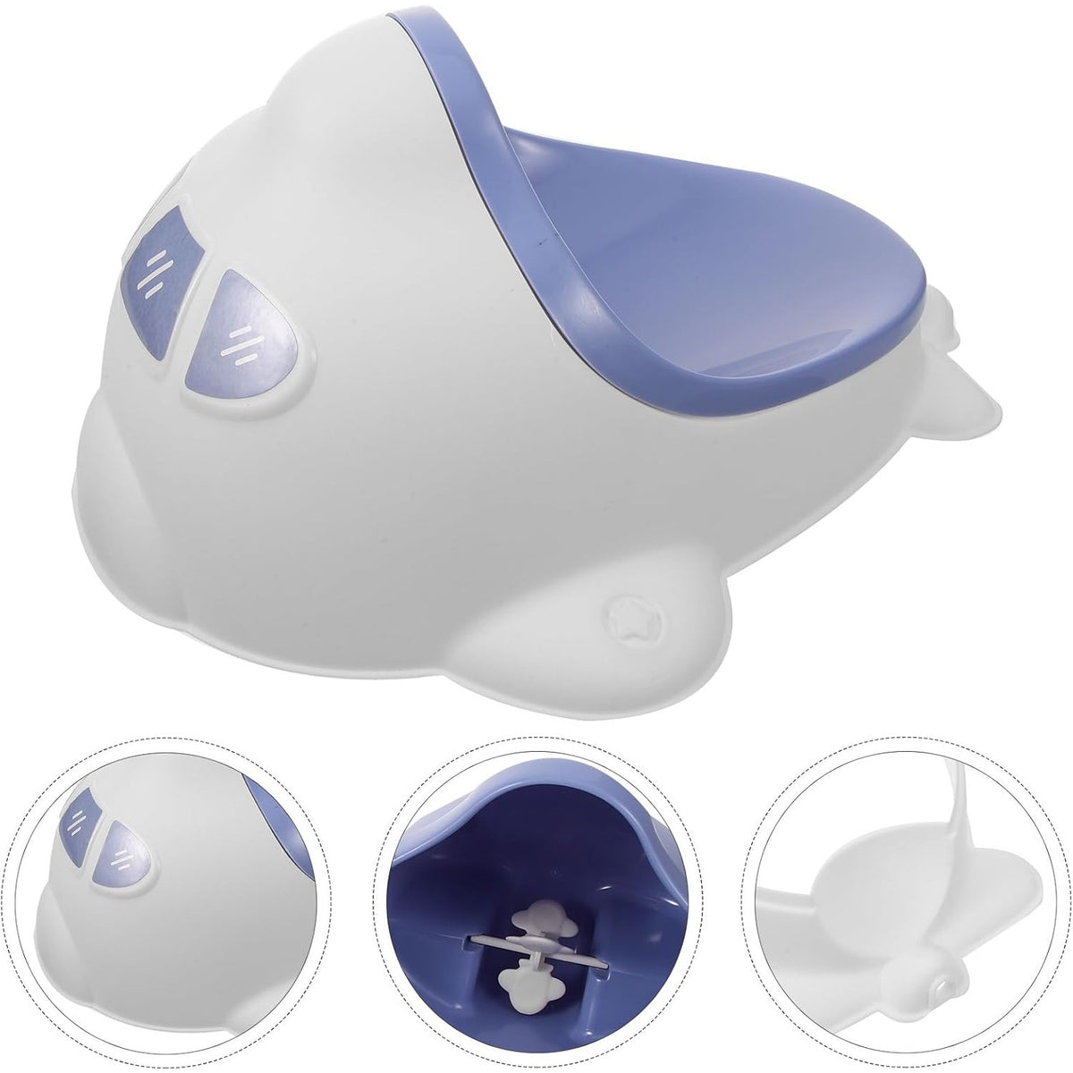 Pisoar pentru Baieti, Forma de Avion cu Morisca Rotativa, Antrenament Toaleta, Montare cu Ventuze sau Carlig, Plastic Ecologic, 29 x 33.5 cm, Albastru/Alb