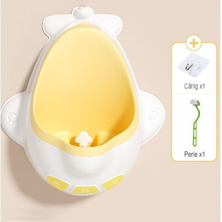 Pisoar Pentru Baieti, Forma Avion cu Morisca Rotativa, Antrenament Toaleta Copii 0-8 Ani, Montare Perete cu Ventuze si Carlig, Include Perie Curatare, Plastic Ecologic, 29 x 33.5 cm, Alb/Galben