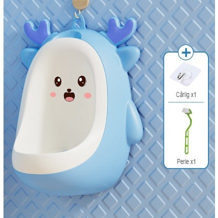 Pisoar pentru Baieti, Antrenament Toaleta cu Morisca Rotativa, Forma Cerb, Montare Perete cu Ventuze si Carlig, Include Perie Curatare, Plastic Ecologic, 29.8 x 23.8 cm, Albastru