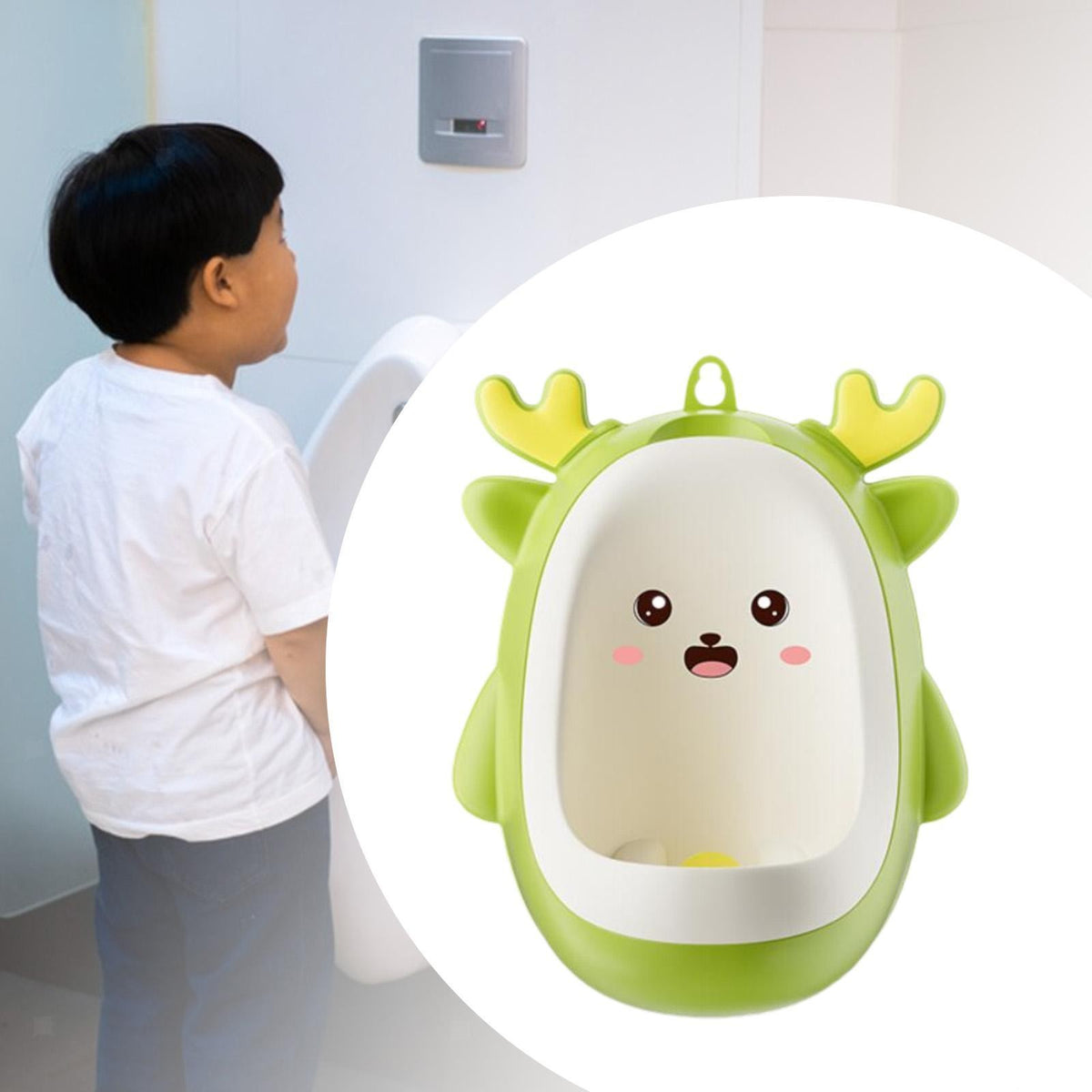 Pisoar pentru Baieti, Forma de Cerb cu Morisca Interactiva, Antrenament Toaleta Copii 0-8 Ani, Plastic Ecologic Detasabil, Montare Perete cu Ventuze si Carlig, Perie Curatare Inclusa, 30 cm, Verde