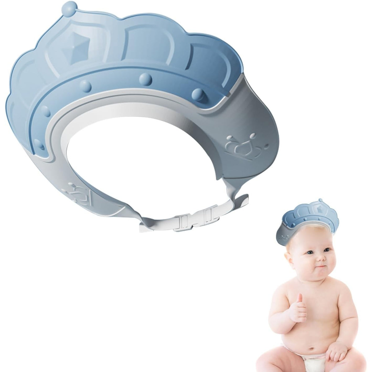 Fippy Casca de Dus pentru Copii si Bebelusi, Protectie Ochi si Urechi Impotriva Samponului, Ajustabila 0-12 Ani, Material TPE si PP, Model Coroana, 20 x 23 cm, Albastru