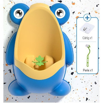 Pisoar pentru Baieti, Forma de Broasca cu Morisca Interactiva, Montare pe Perete cu Ventuze sau Carlig, Plastic Ecologic, Include Perie de Curatare, 29 x 22.5 cm, Albastru