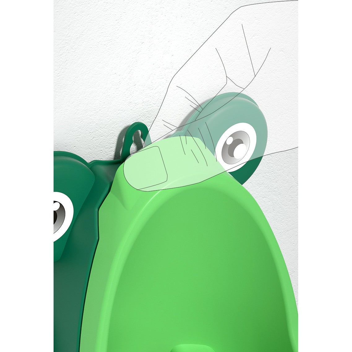 Pisoar pentru Baieti, Forma de Broasca cu Morisca Rotativa, Antrenament Toaleta, Montare cu Ventuze sau Carlig, Plastic Ecologic, Include Perie de Curatare, 29 x 22.5 cm, Verde