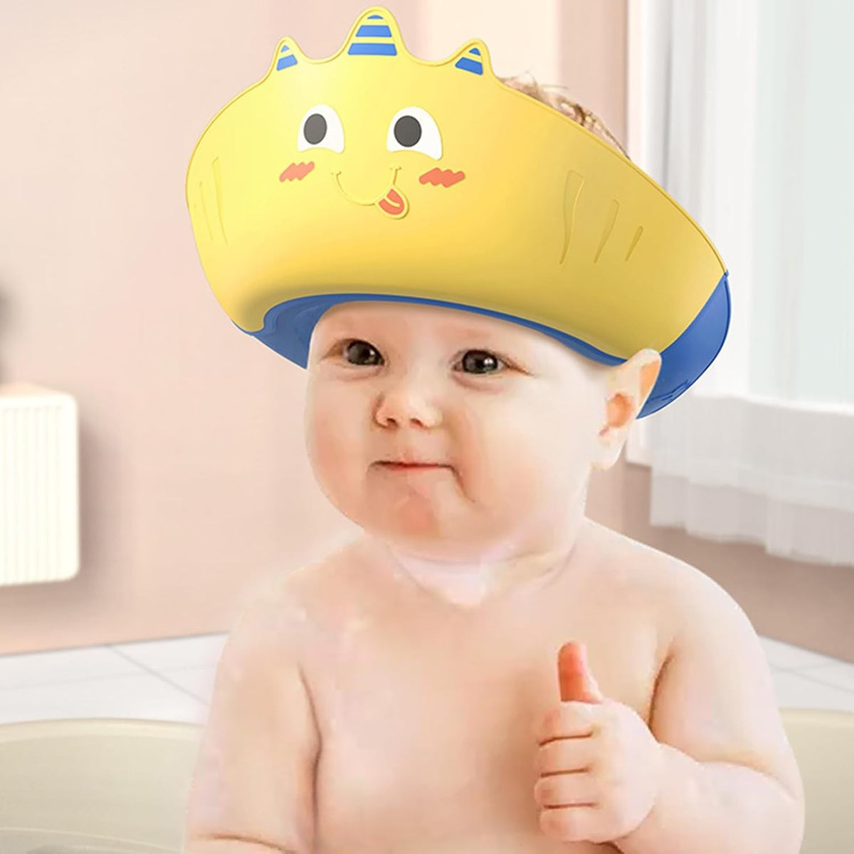 Fippy Casca de Dus pentru Copii, Protectie impotriva Samponului si Apei cu Protectii Urechi, Ajustabila 0-12 Ani, TPE si PP, Model Unicorn, Galben/Albastru