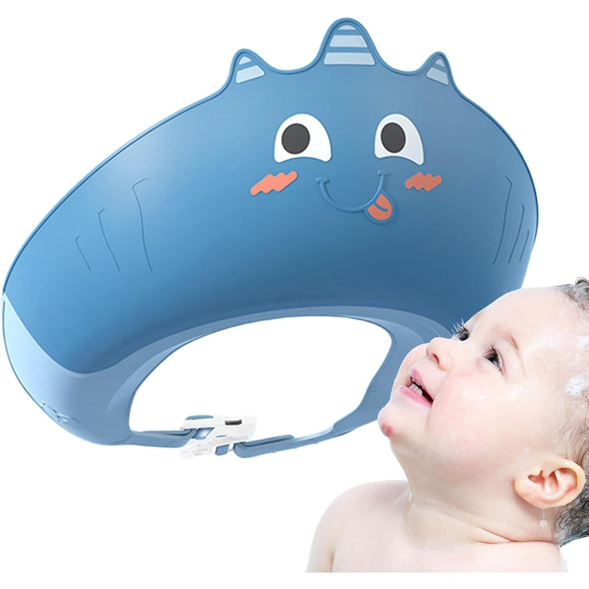 Fippy Casca de Dus pentru Copii, Protectie Baie Impotriva Samponului si Apei, Ajustabila, Material TPE si PP, 0-12 Ani, Model Unicorn, Albastru, 20 x 23 cm