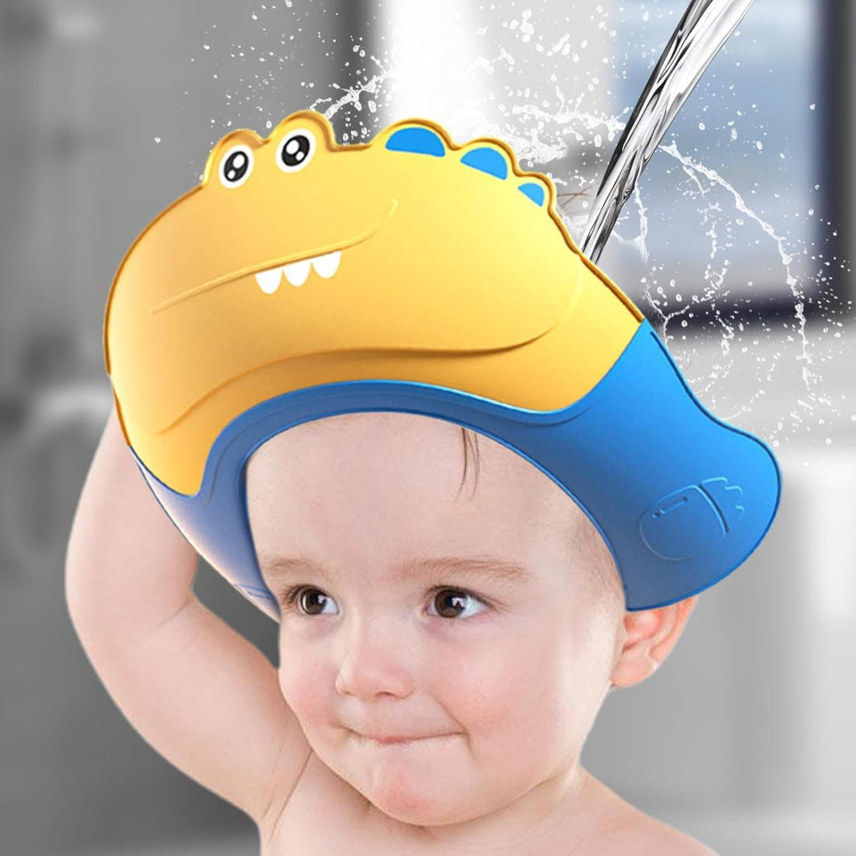 Fippy Casca de Dus pentru Copii, Protectie Baie Impotriva Samponului si Apei, Design Crocodil cu Protectii Urechi, Marime Ajustabila 0-12 Ani, Material TPE si PP, 20 x 23 cm, Galben/Albastru
