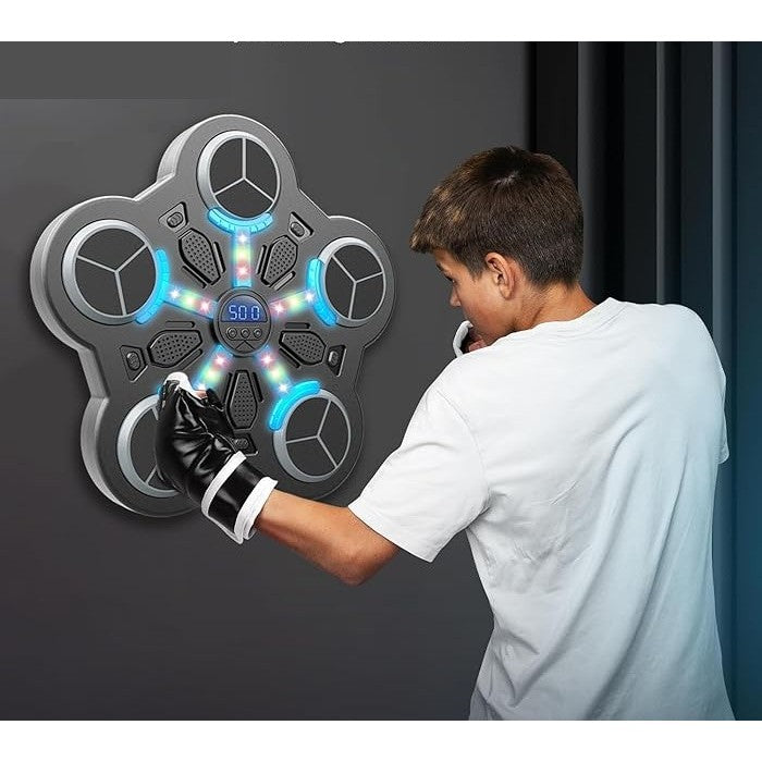 Jucarie de Boxat Interactiva pentru Copii cu Muzica si Lumini, Aparat de Box cu 5 Tinte, Bluetooth, Incarcare USB, Fixare cu Ventuze, Manusi Incluse, 33x33x4.5 cm, Negru