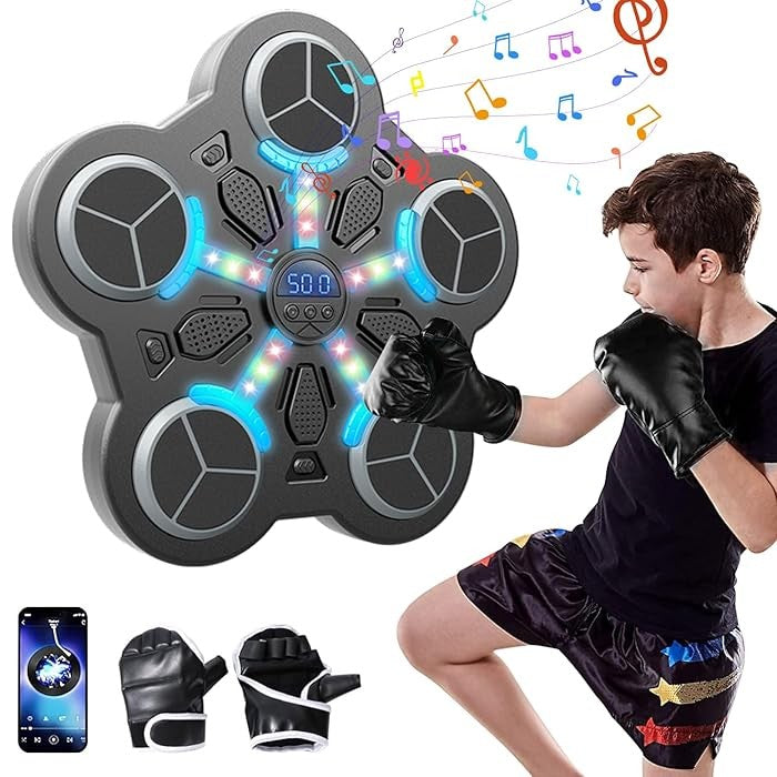 Jucarie de Boxat Interactiva pentru Copii cu Muzica si Lumini, Aparat de Box cu 5 Tinte, Bluetooth, Incarcare USB, Fixare cu Ventuze, Manusi Incluse, 33x33x4.5 cm, Negru