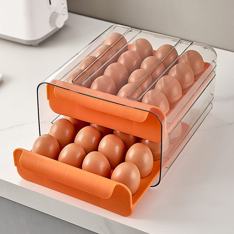 Suport Pentru Oua Cu Strat Dublu, Organizator Tip Sertar Pentru Frigider, Capacitate 32 Oua, Material PET Si PP, 23.5x21.5 cm, Portocaliu