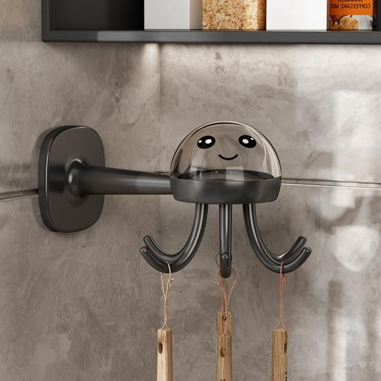 Suport Cuier de Perete, Organizator Rotativ 360 Grade cu 6 Brate, Model Caracatita, Montare cu Adeziv Fara Gaurire, Plastic ABS Rezistent la Apa, 10 x 8.5 cm, Gri